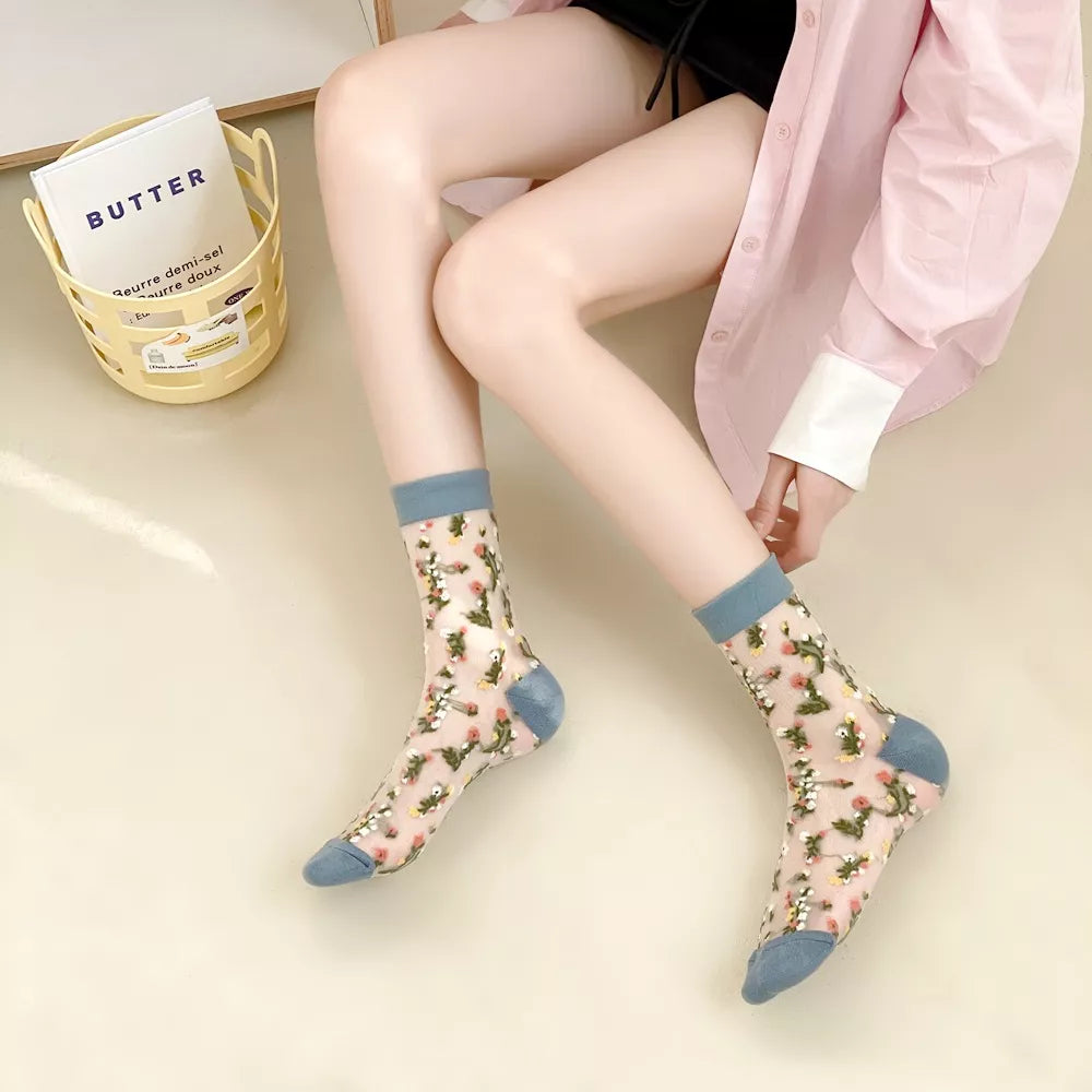 Floral Sheer Crew Socks 5 Pair Set