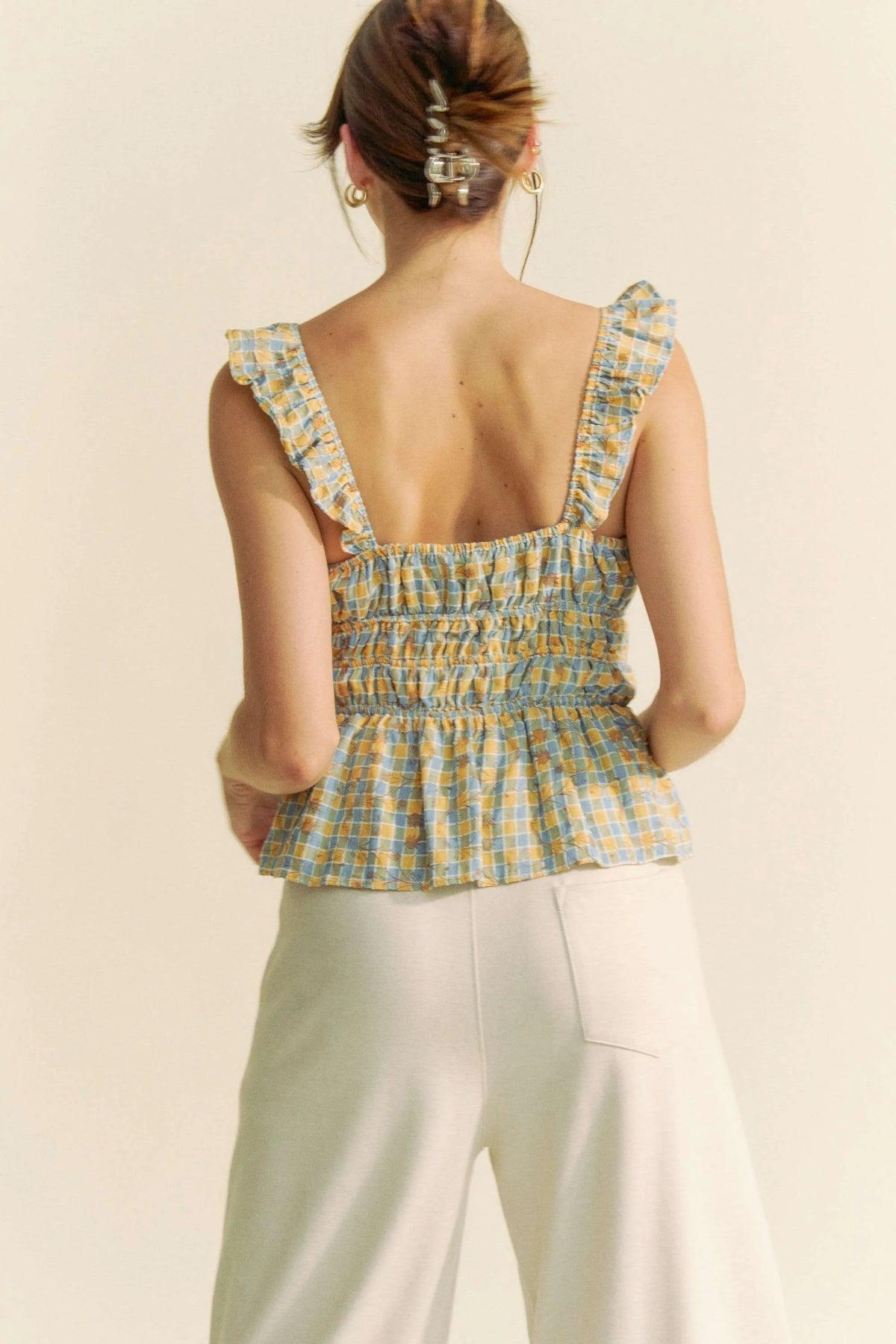 Davi & Dani Plaid Ruffled Strap Smocked Sleeveless Top - Lilixa.store