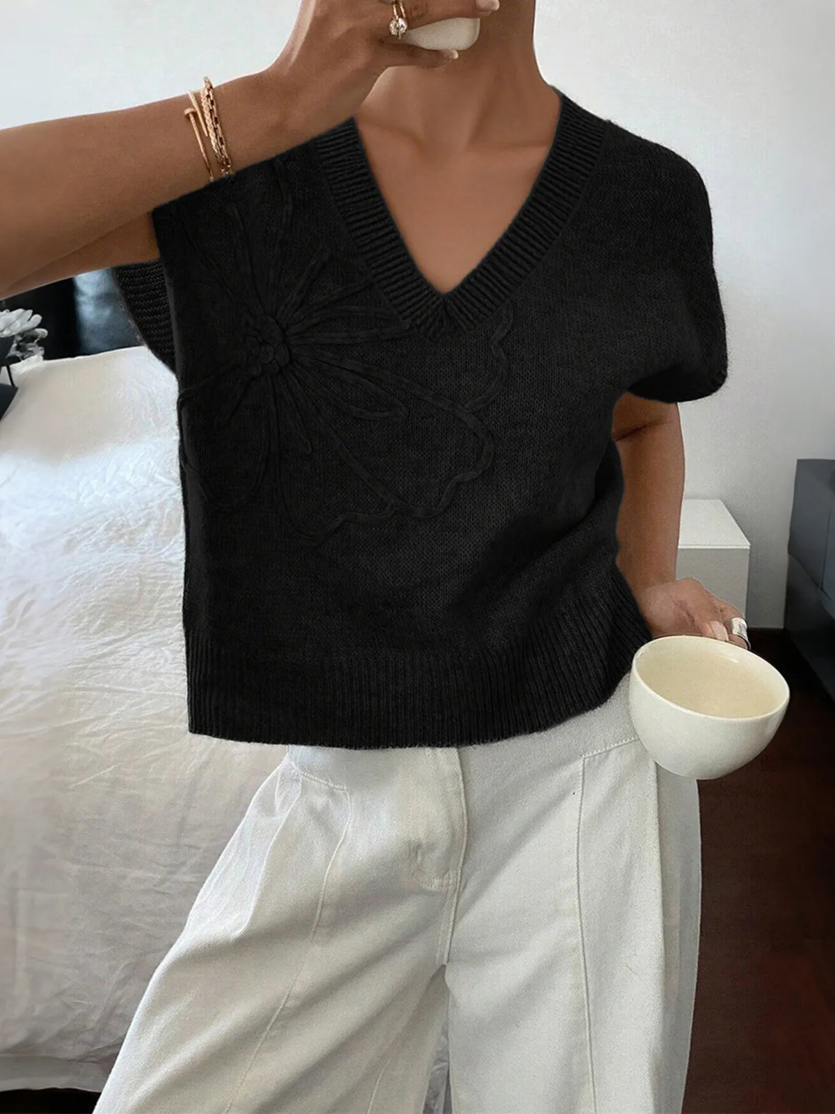 Ribbed Hem V-Neck Short Sleeve Sweater - Lilixa.store