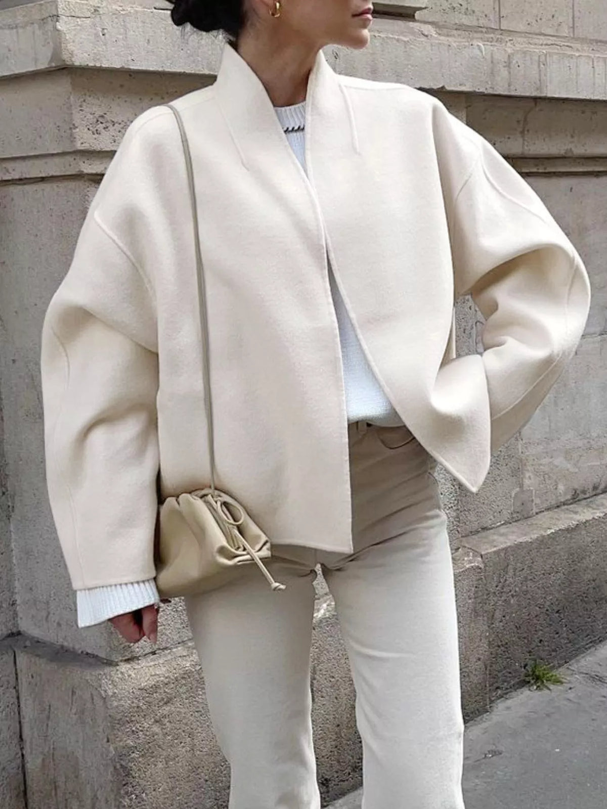 Elegant Stand Collar Open Front Outerwear in White, view 3
