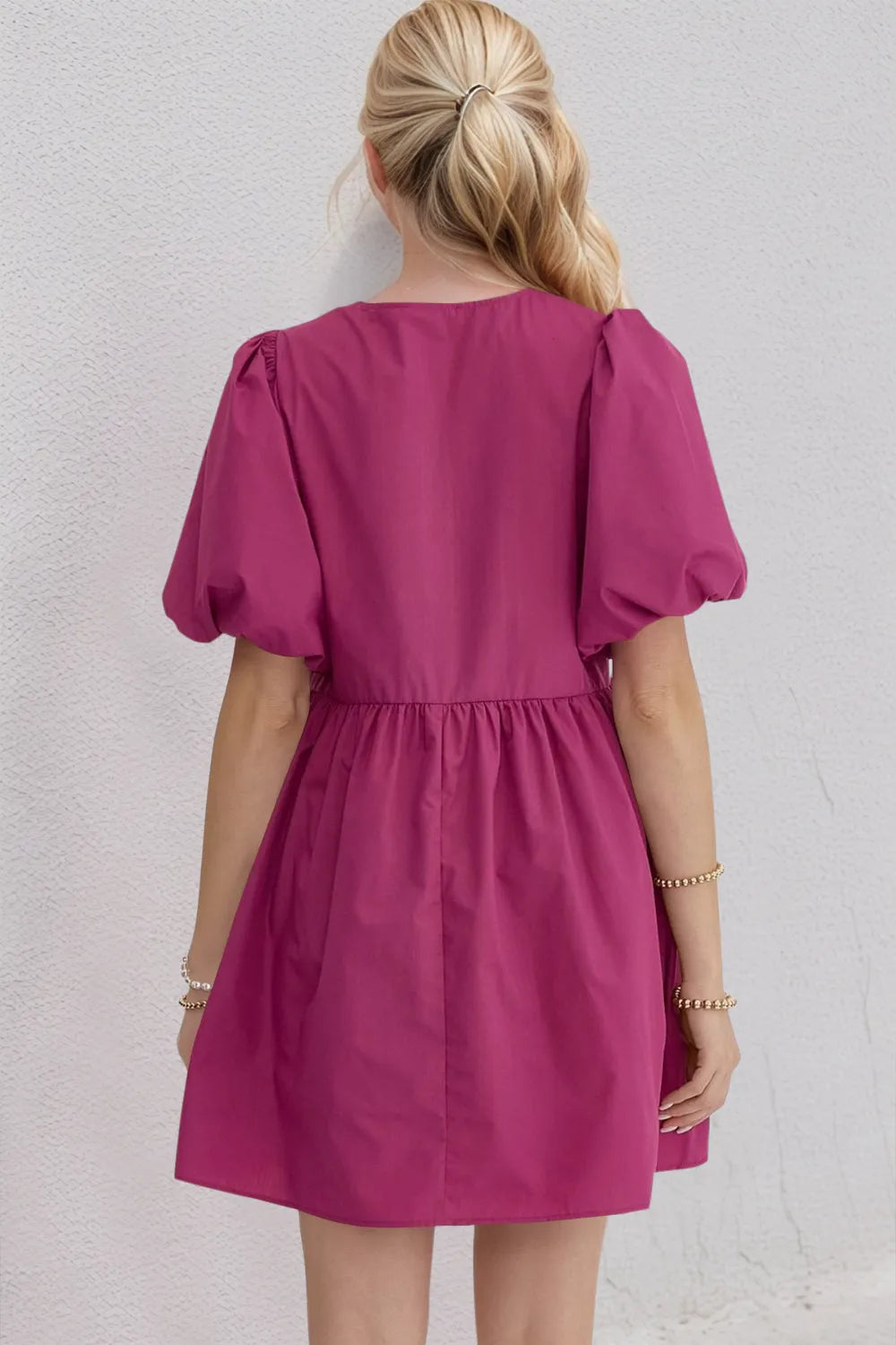 Oh Bow Ruched Puff Sleeve Mini Dress in Cerise, view 4