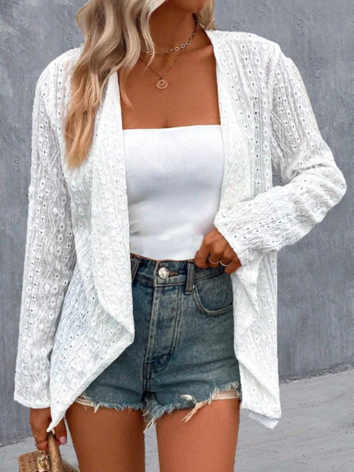 Eyelet Embroidered Open Front Cardigan in White
