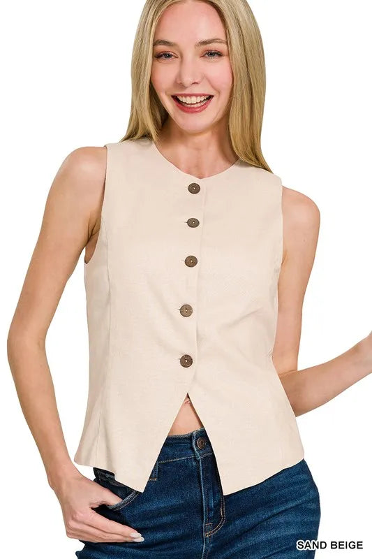 Zenana Linen Button Down Vest in Sand Beige, view 3