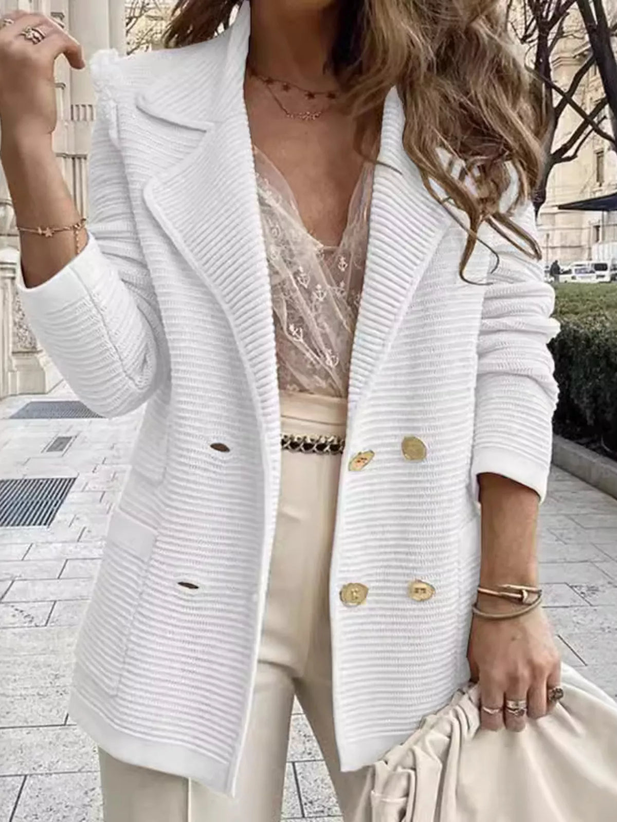 Texture Knit Double-Breasted Blazer - Lilixa.store