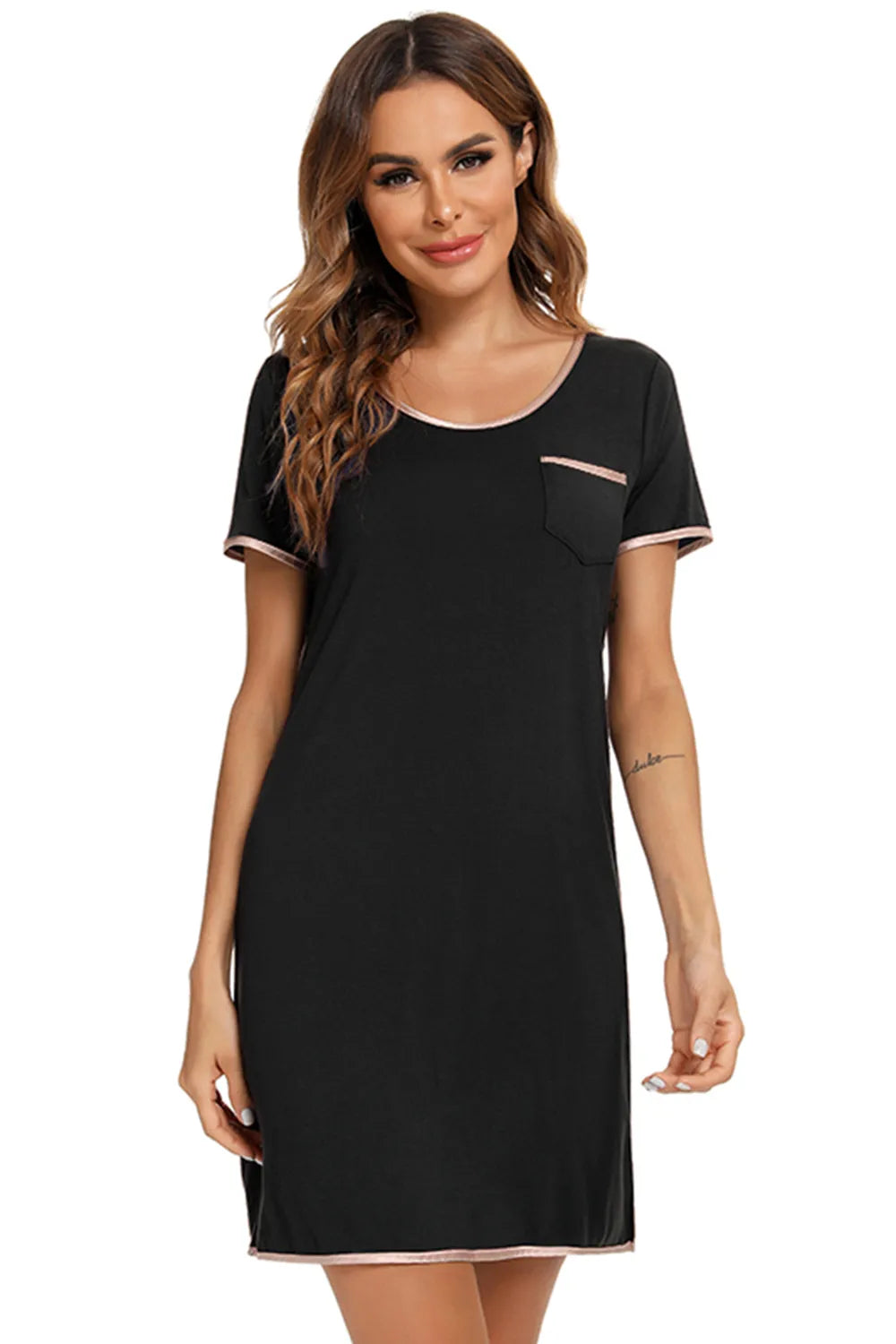 Contrast Trim Pocketed Round Neck Lounge Dress - Lilixa.store