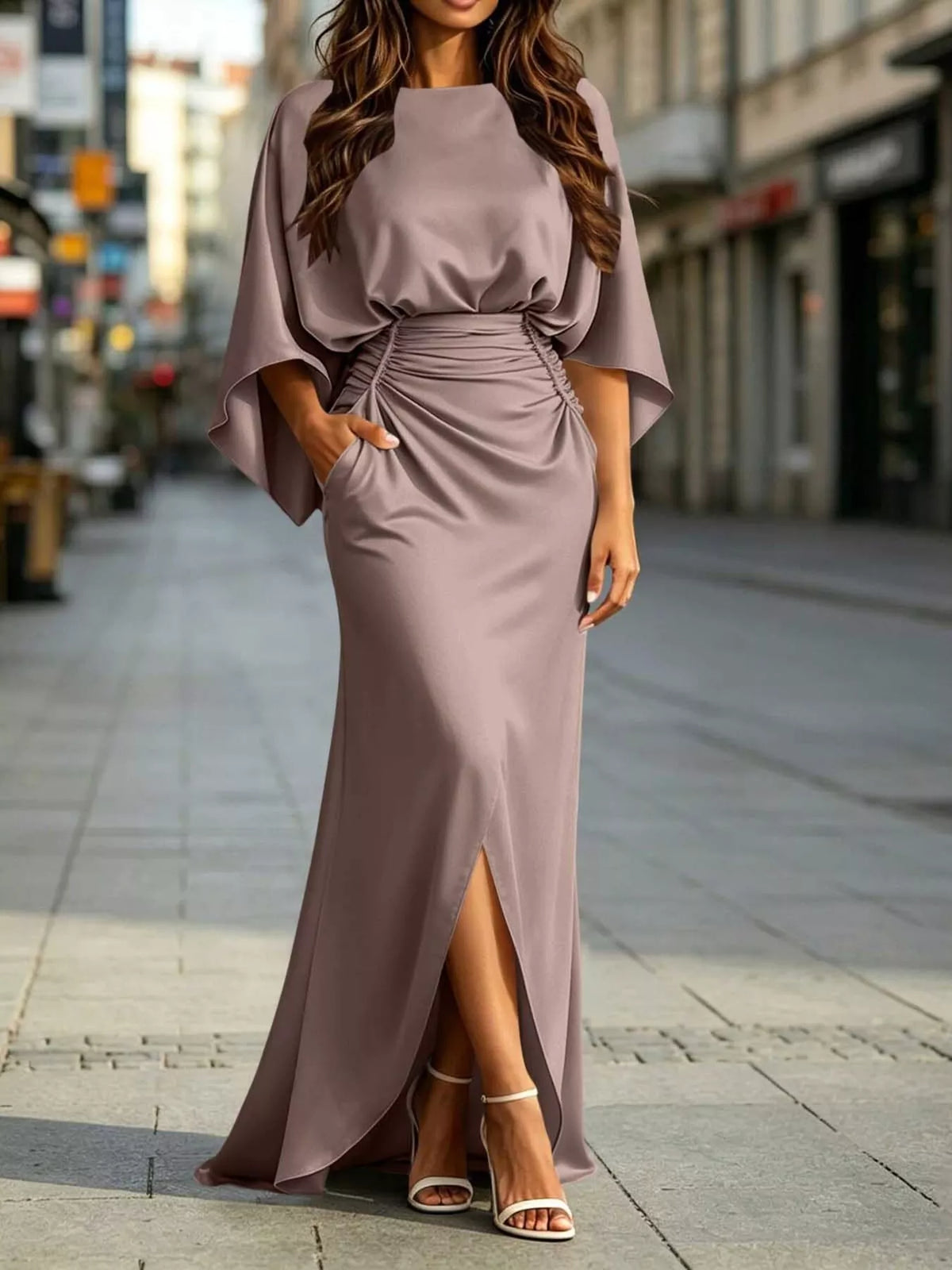 Ruched Waist Maxi Dress with Pockets in Dusty Pink