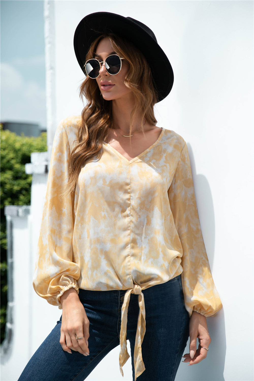 Tie-Dye Tied Balloon Sleeve Blouse in Light Yellow, view 7