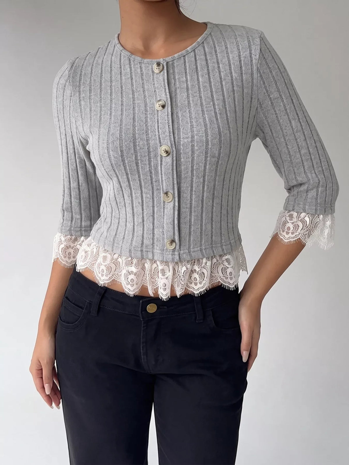 Lace Hem Ribbed Knit Button-Down Top - Lilixa.store
