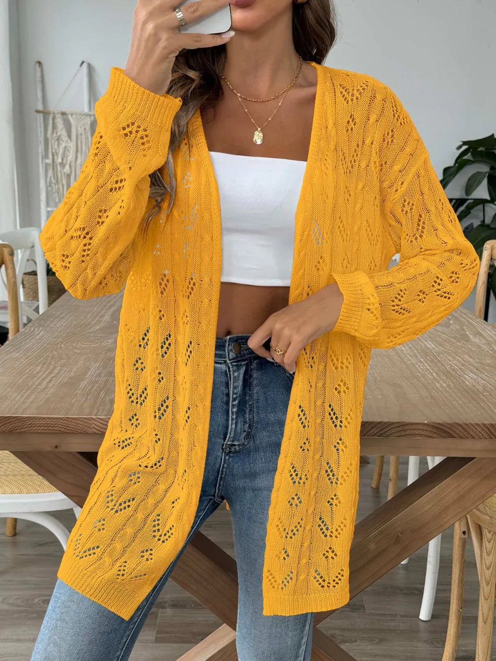 Openwork Open Front Long Sleeve Cardigan - Lilixa.store
