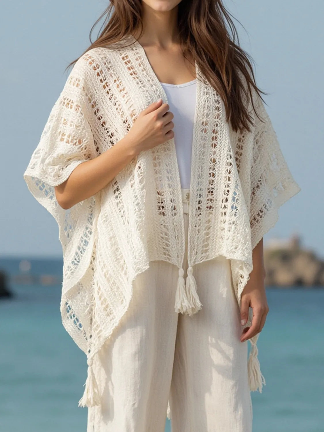 Openwork Tassel Open Front Knit Cover Up - Lilixa.store