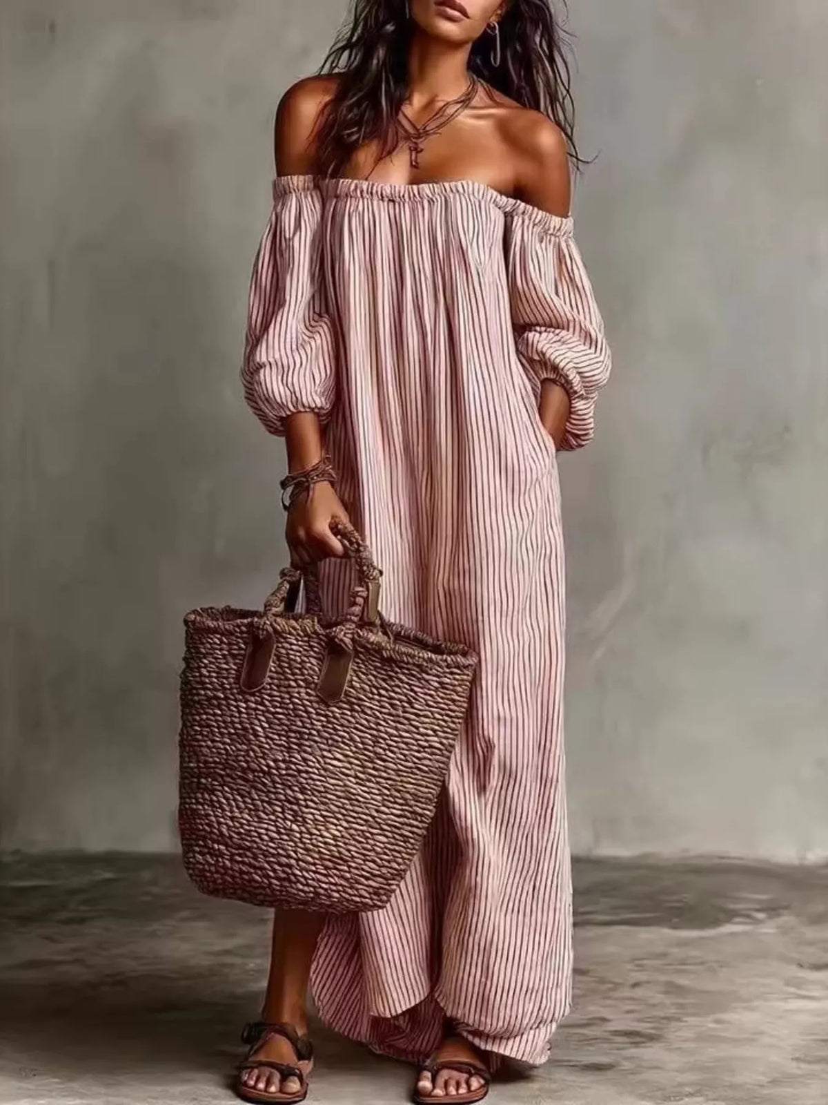 Full Size Off-Shoulder Striped Maxi Dress with Puff Sleeves Plus Size - Lilixa.store