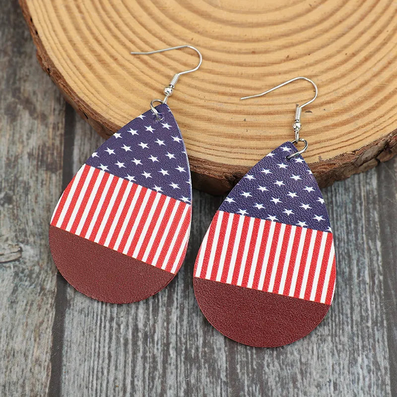 Stars and Stripes PU Leather Teardrop Earrings in Deep Red
