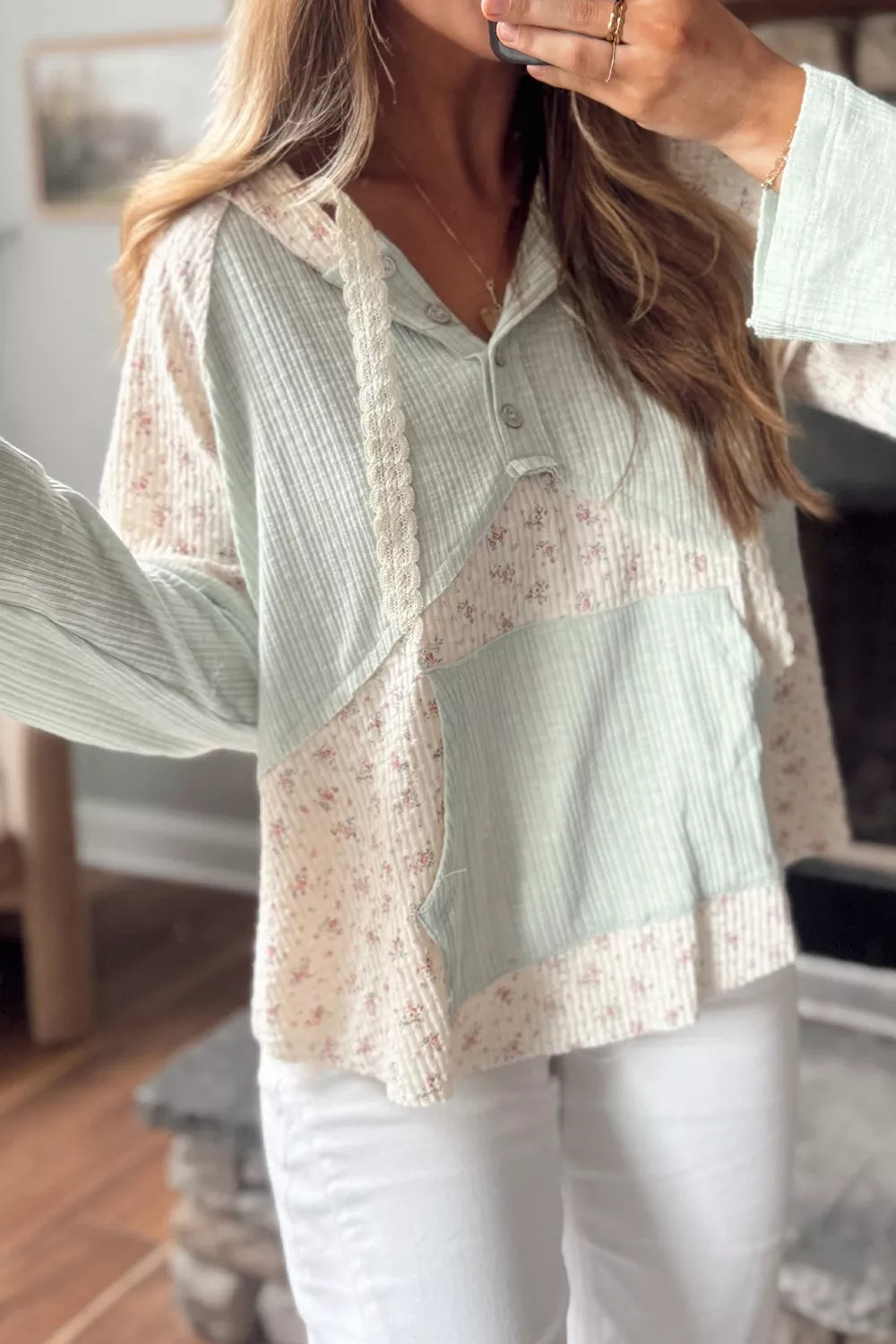 Lace Trim Floral Patchwork Button Detail Blouse - Lilixa.store