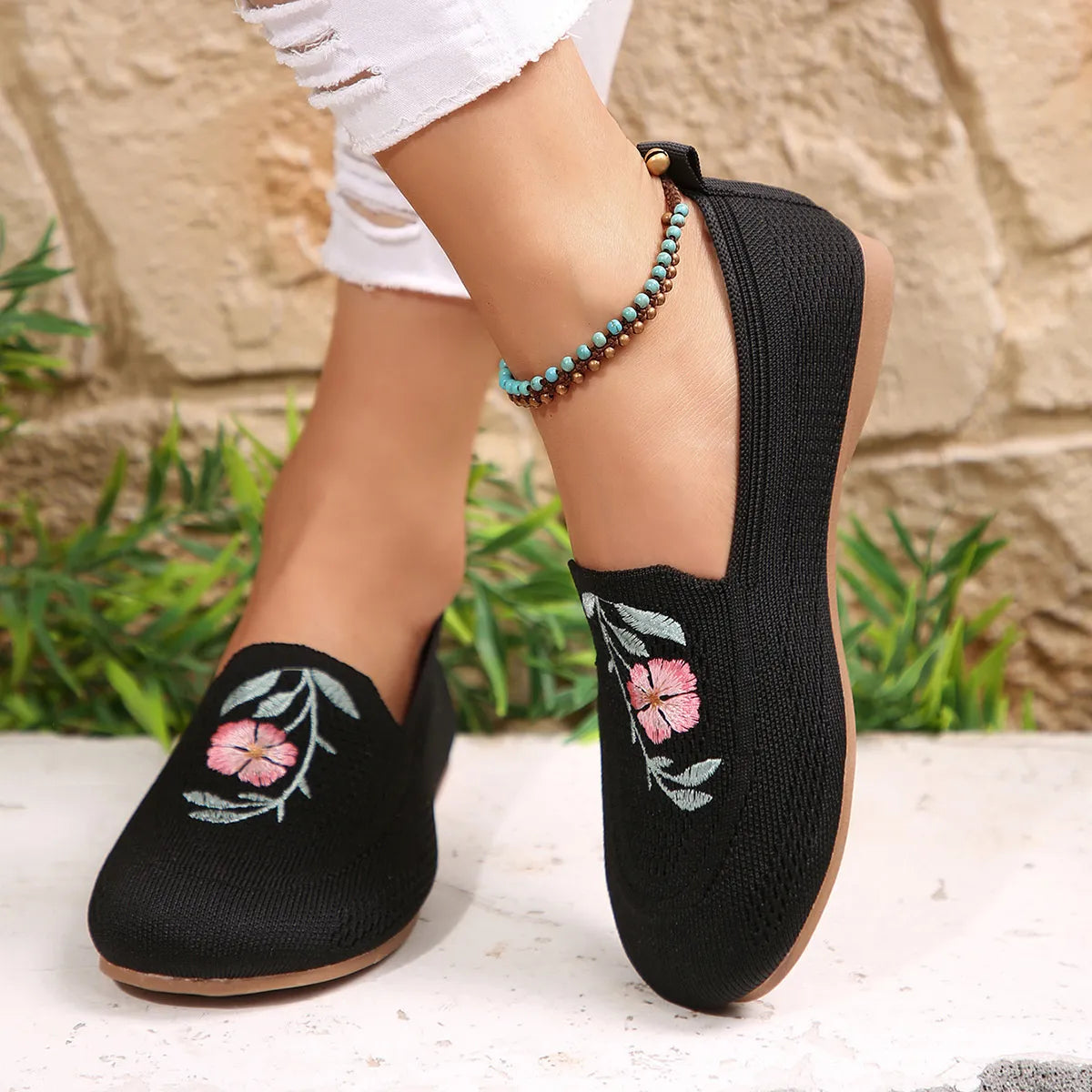 Embroidered Mesh Slip-Ons in Black