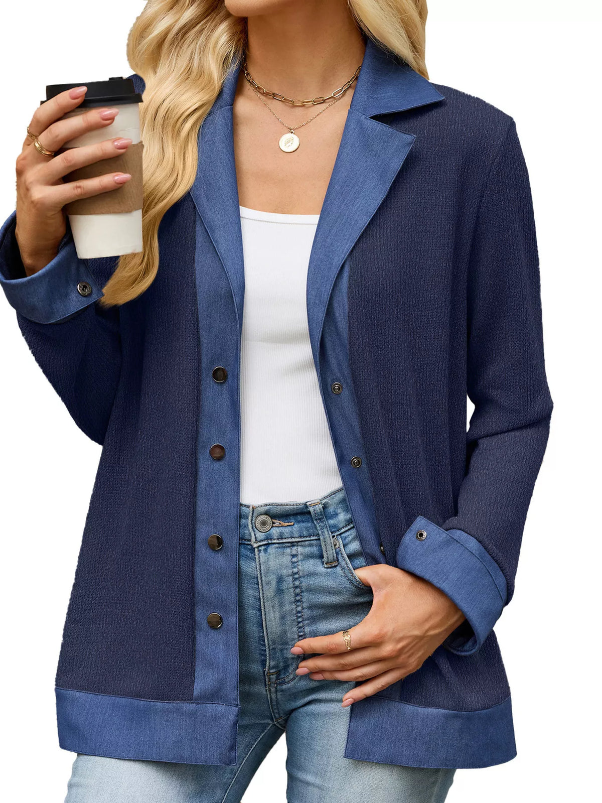 Contrast Denim Lapel Collar Outerwear - Lilixa.store