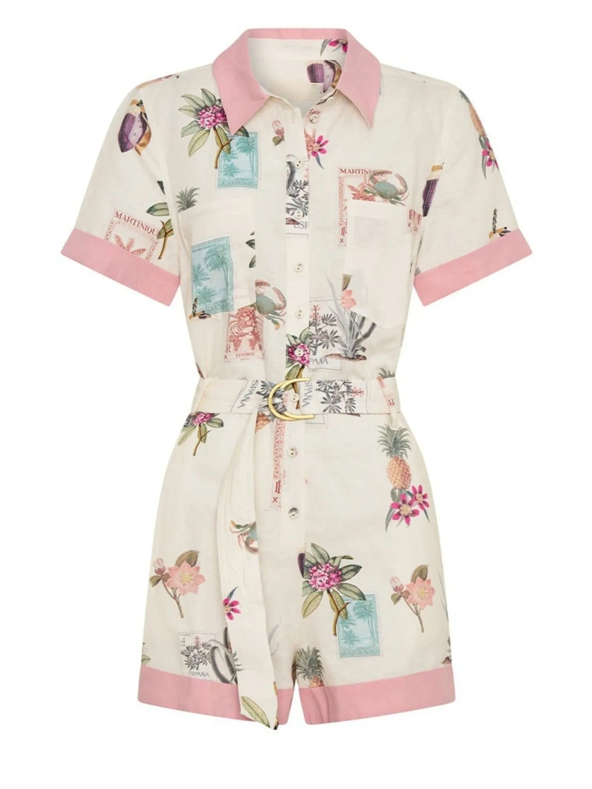 Printed Short Sleeve Romper with Belt in Multicolor, view 7