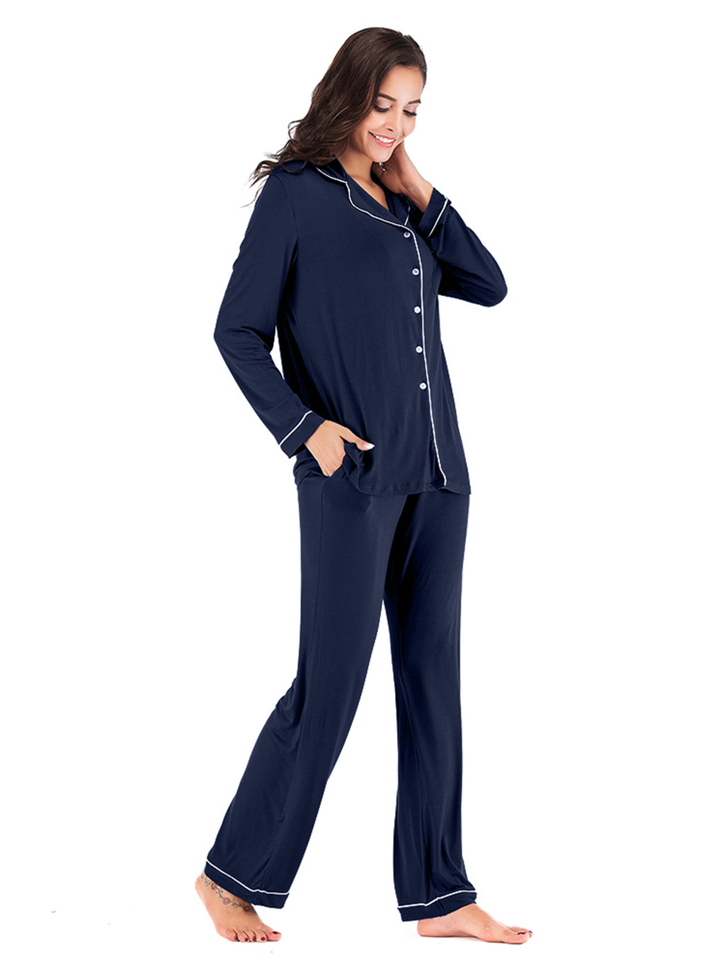 Collared Neck Long Sleeve Loungewear Set with Pockets - Lilixa.store