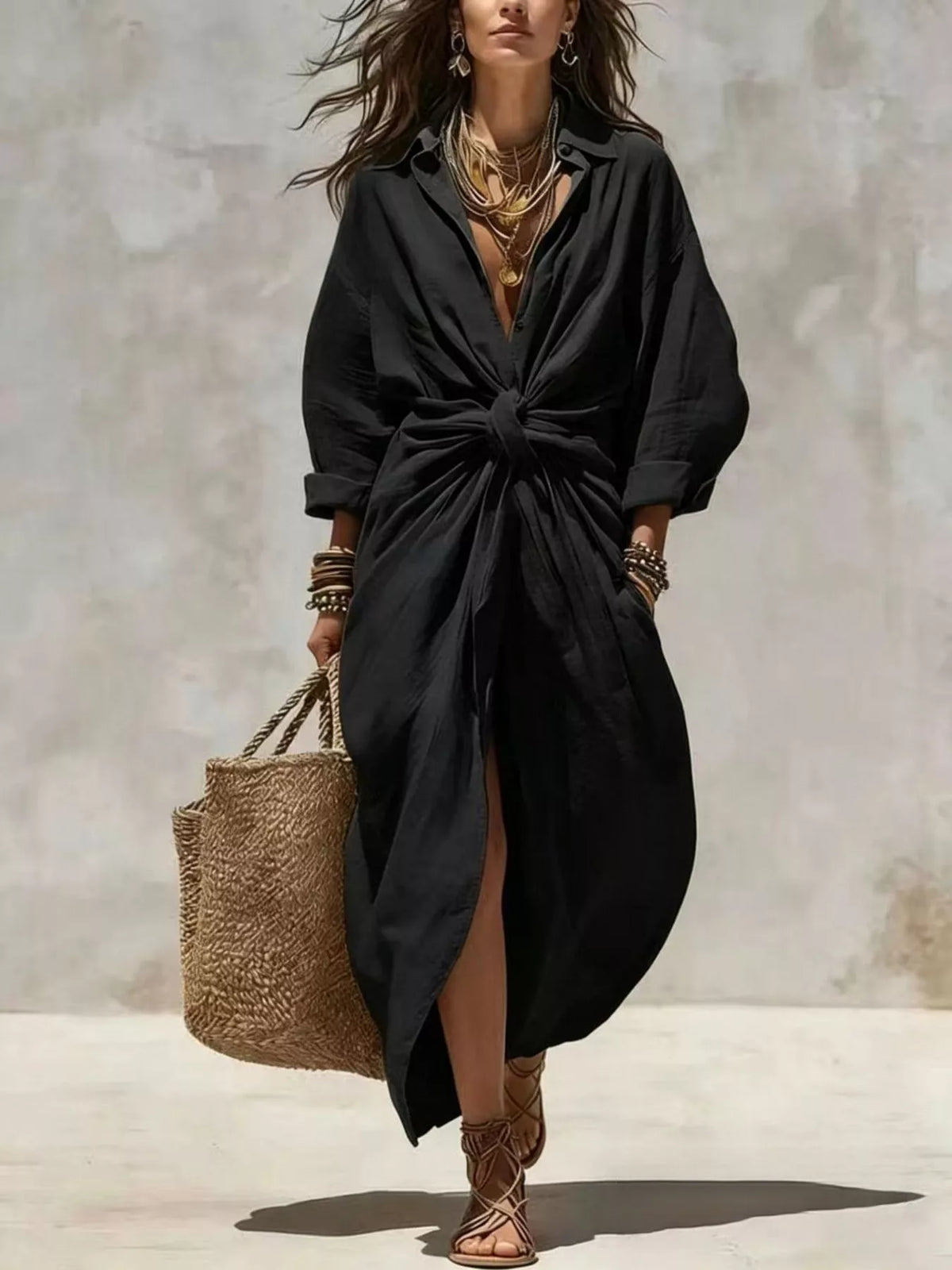 Front-Tie Maxi Shirt Dress - Lilixa.store