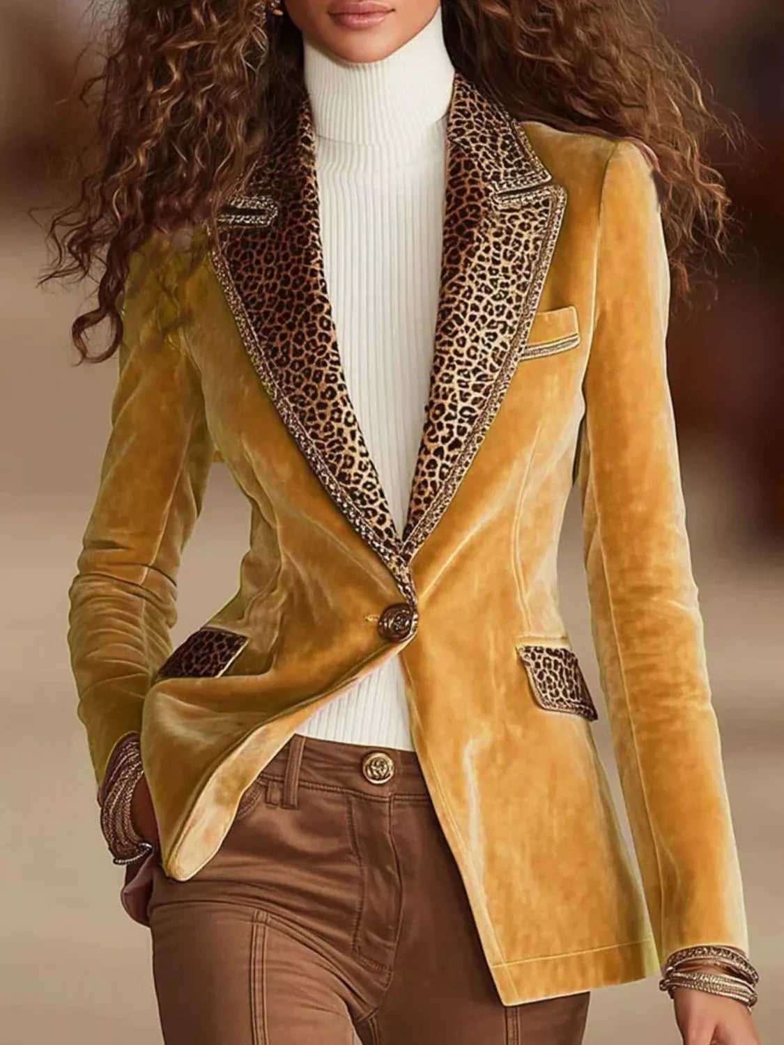 Full Size Leopard Collar One Button Blazer Plus Size - Lilixa.store