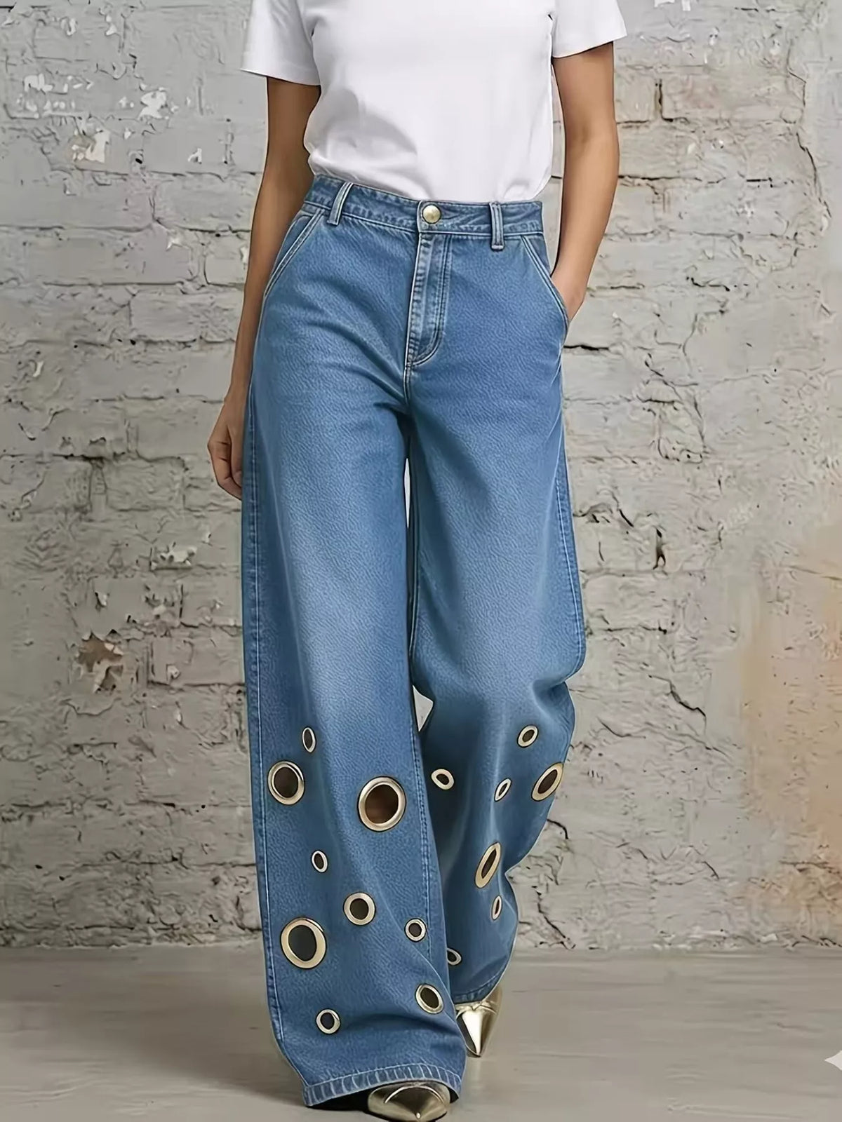Wide Leg Jeans with Eyelet Details - Lilixa.store