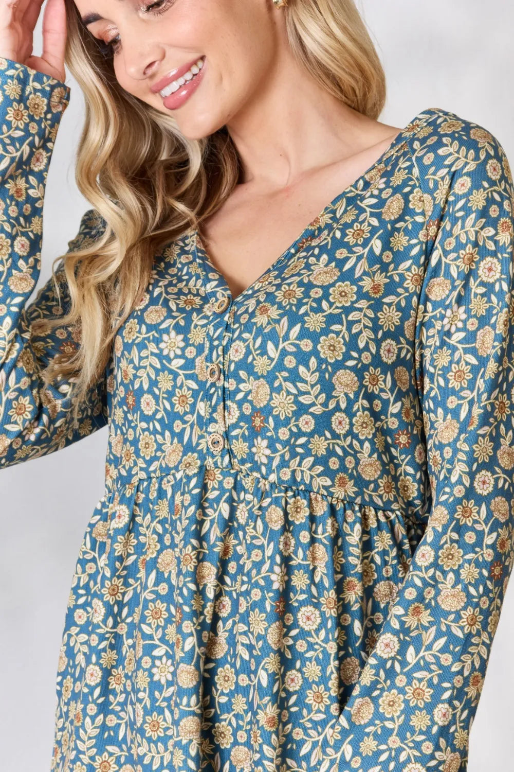 Heimish Full Size Floral Half Button Long Sleeve Blouse - Lilixa.store