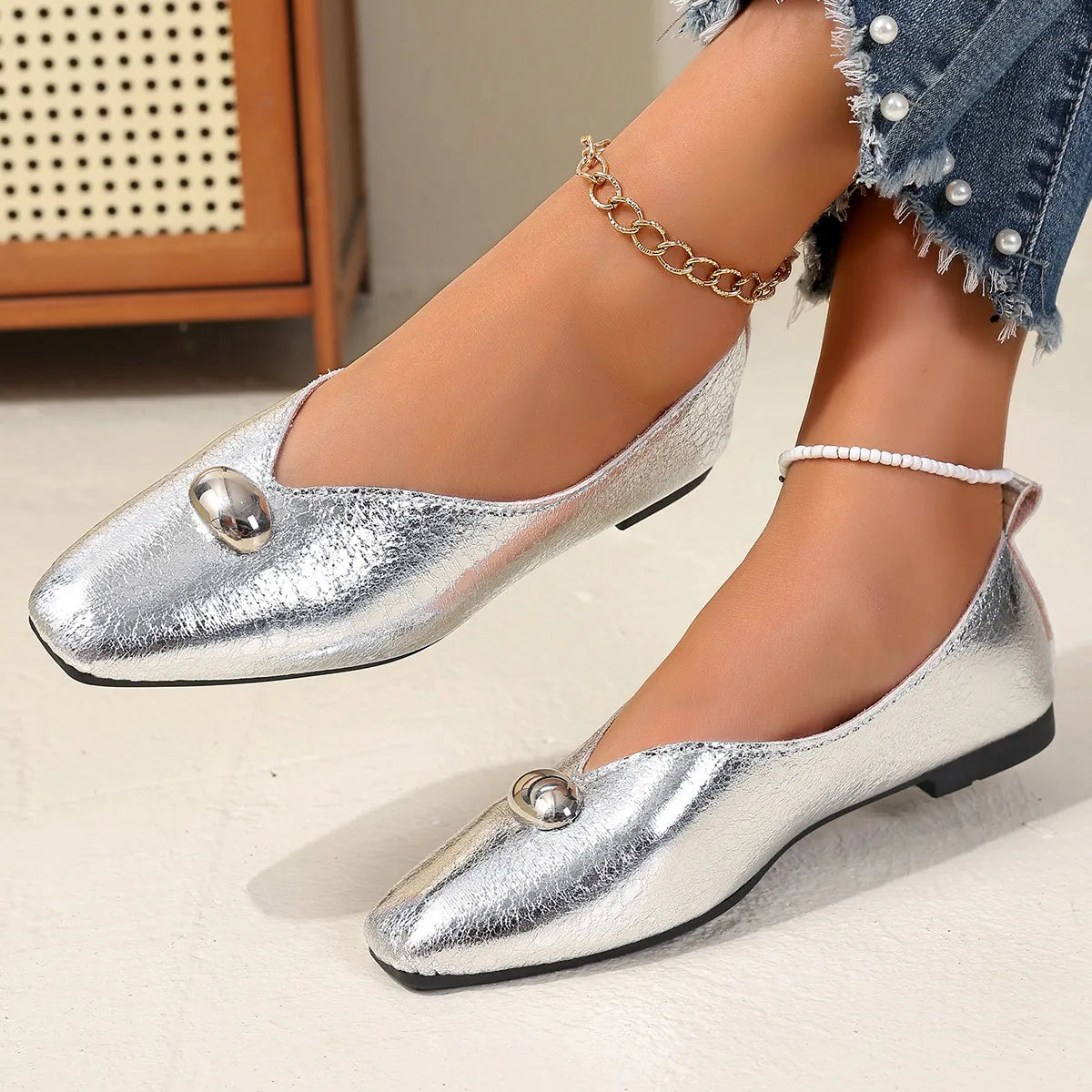 Square Toe Flats Slip-Ons in Silver