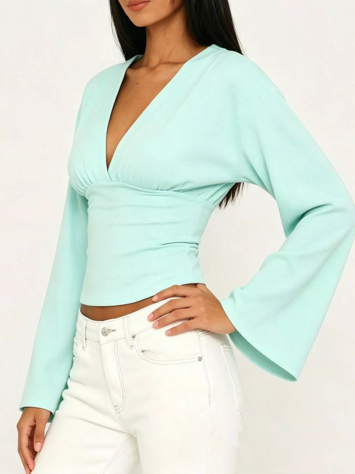 V-Neck Flare Sleeve Blouse - Lilixa.store