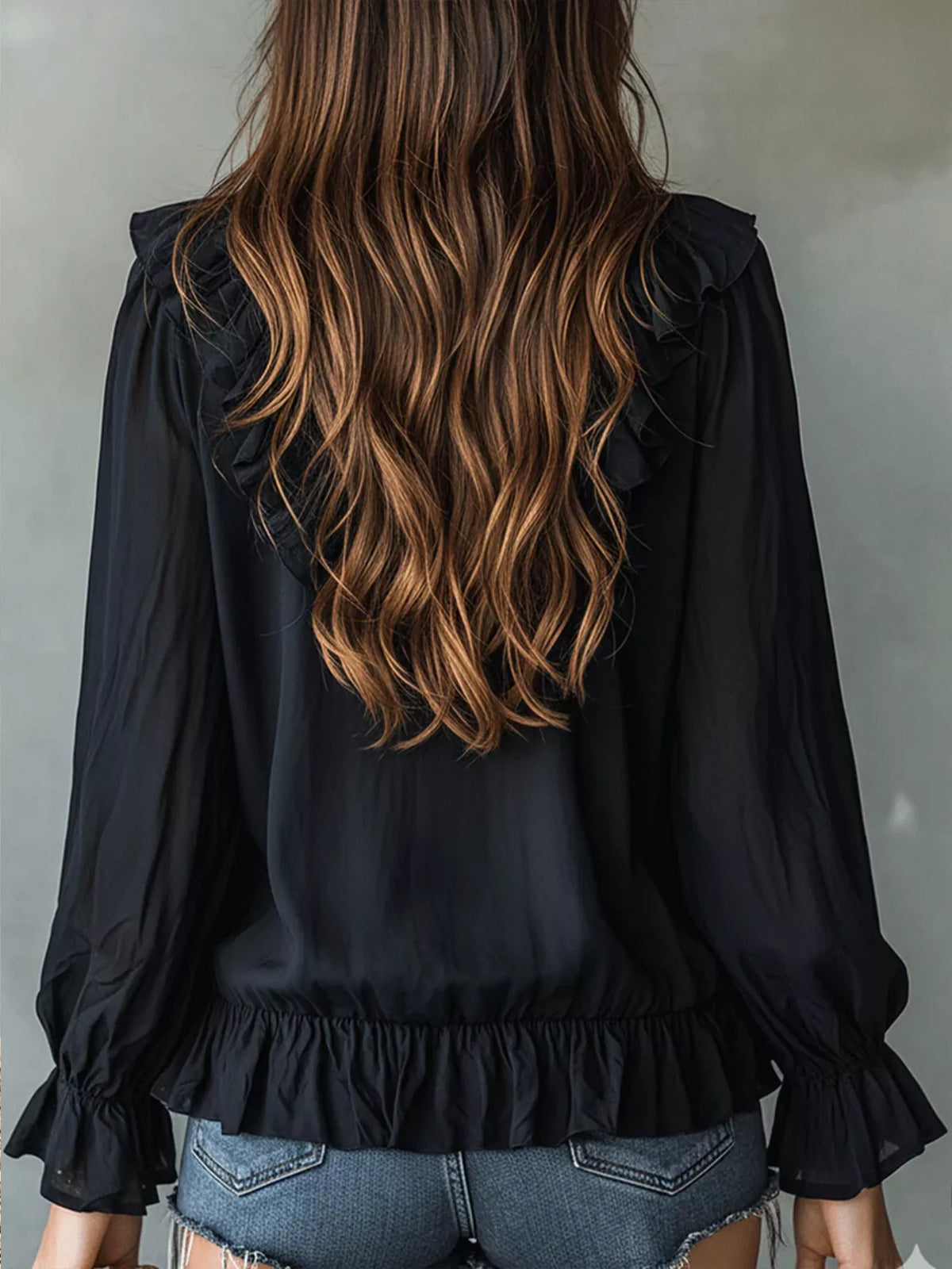 Ruffle V-Neck Long Sleeve Blouse, view 4