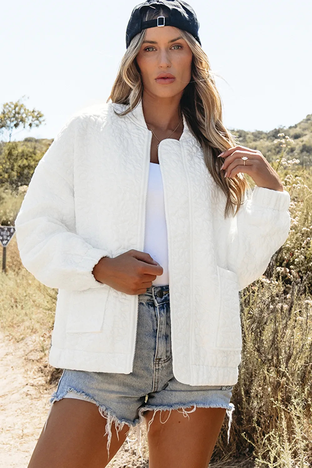Baseball Collar Floral Quilted Jacket in White