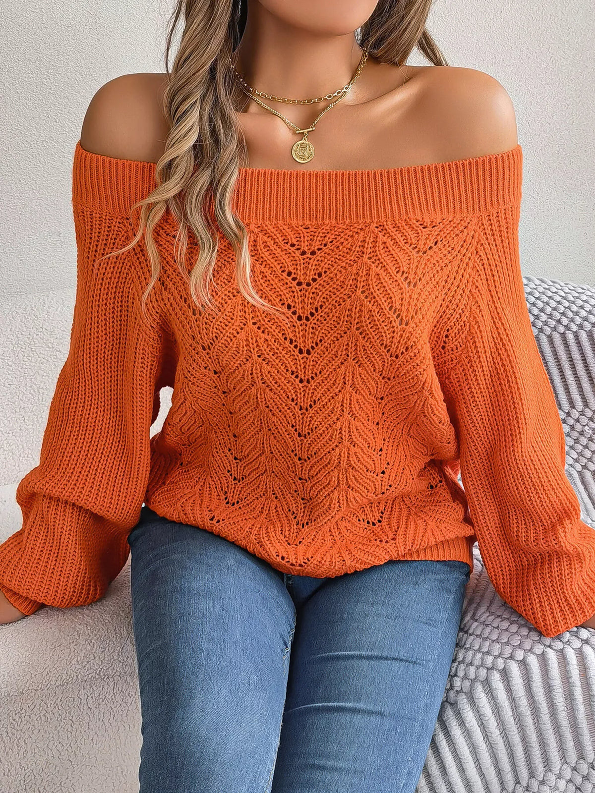 Openwork Off-Shoulder Sweater