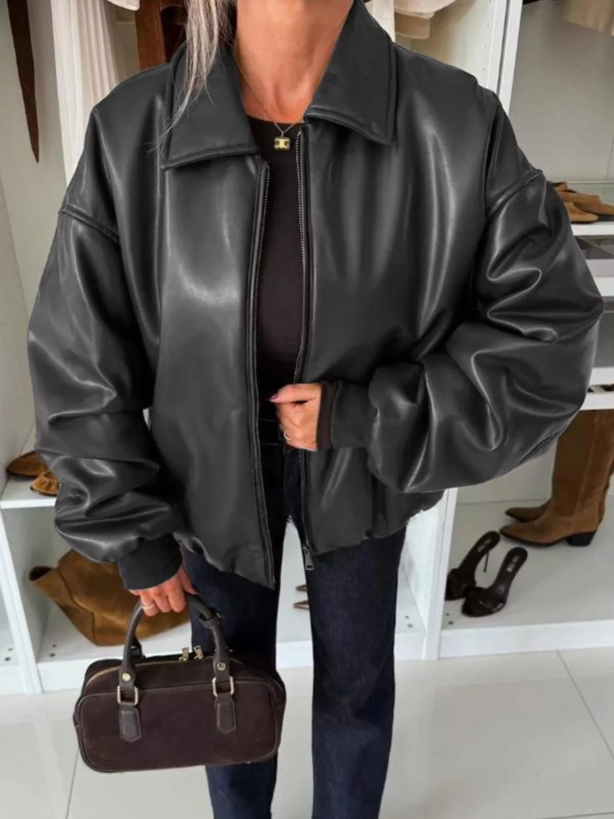 Zip Up Dropped Shoulder Jacket in Black