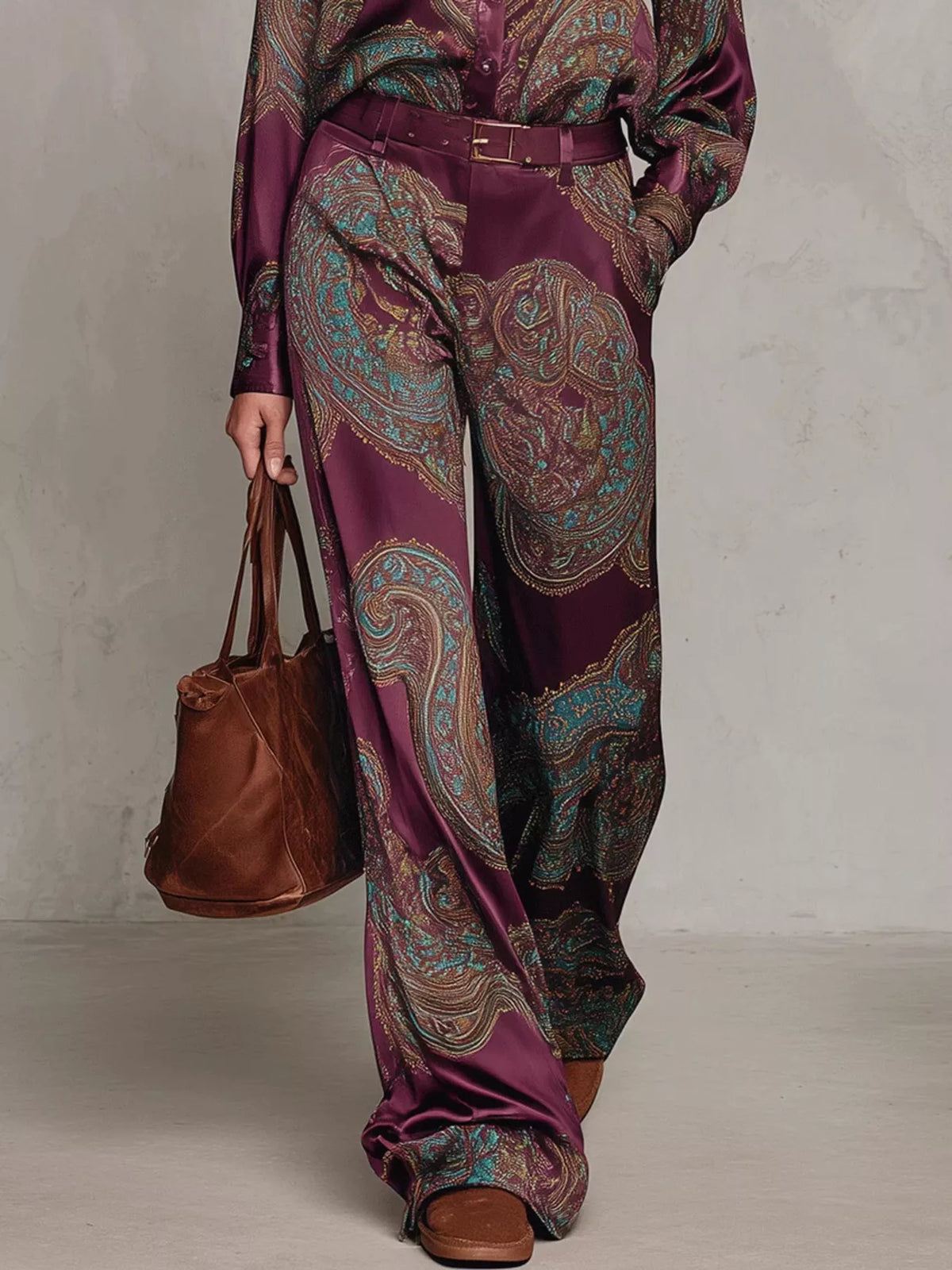 Paisley Print Long Sleeve Shirt and Wide-Leg Pants Set