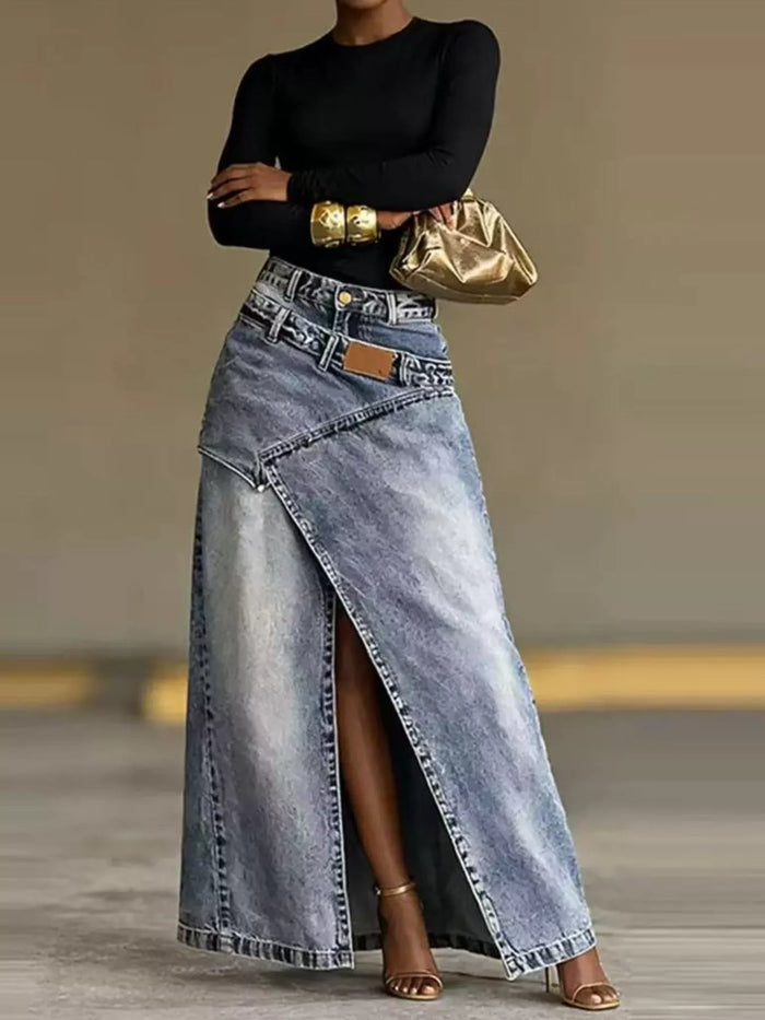 High-Waisted Asymmetric Slit Denim Maxi Skirt - Lilixa.store