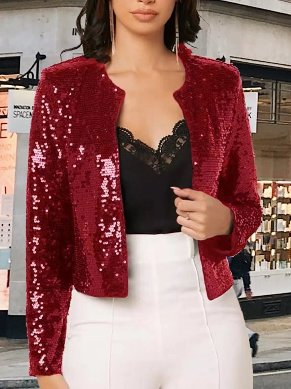 Full Size Sequin Long Sleeve Jacket Plus Size, view 7