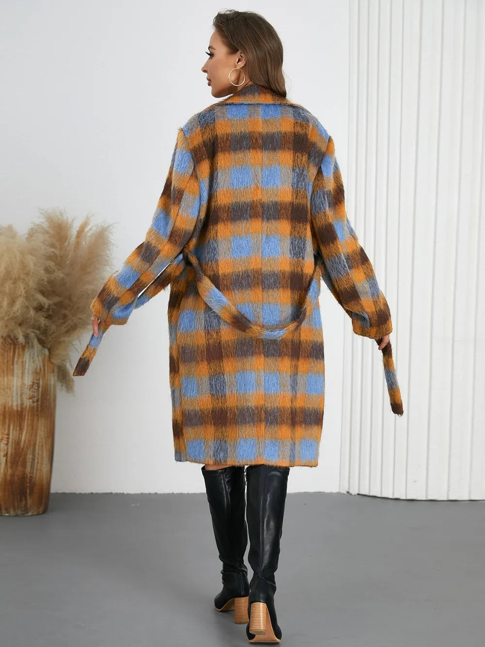 Tied Plaid Collared Neck Coat, view 3