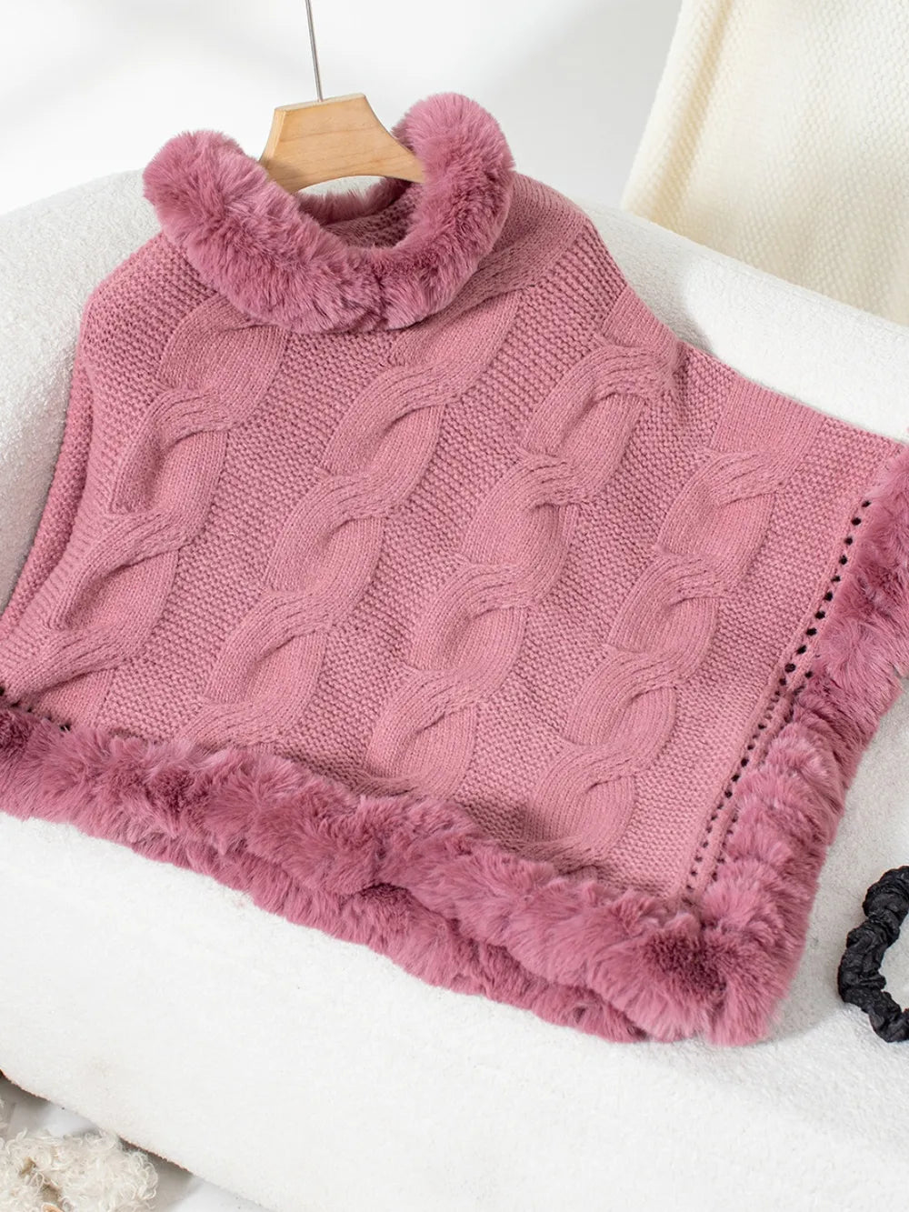 Fuzzy Hem Cable-Knit Poncho - Lilixa.store