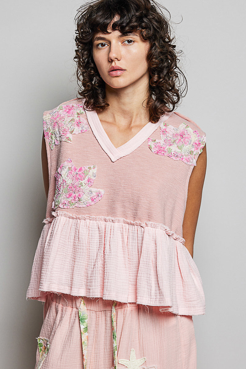 POL Floral Patch Ruffled Sleeveless Top with Raw Edge Detail - Lilixa.store