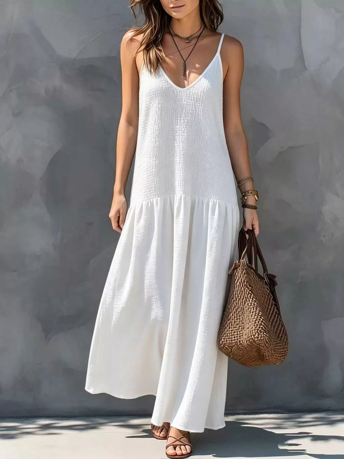 Sleeveless Smocked V-Neck Casual Maxi Dress - Lilixa.store