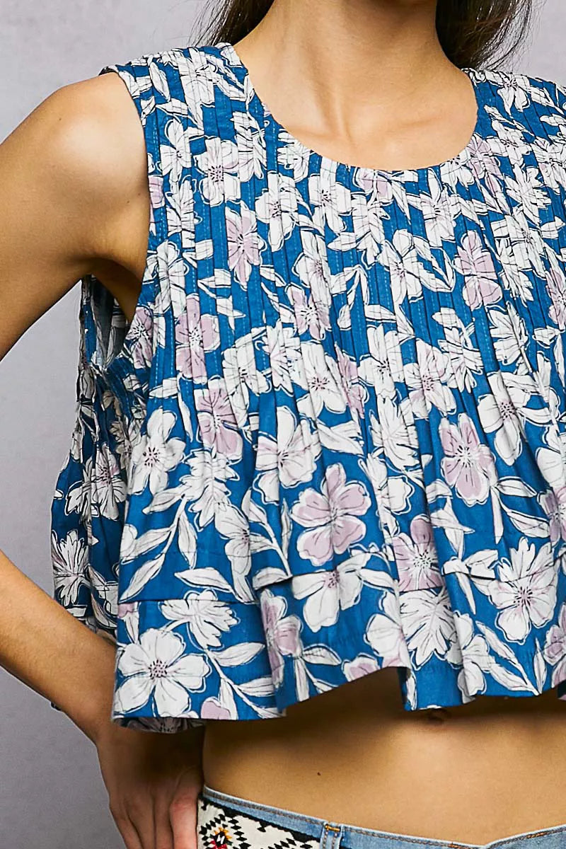 POL Floral Round Neck Cropped Pintuck Tank - Lilixa.store