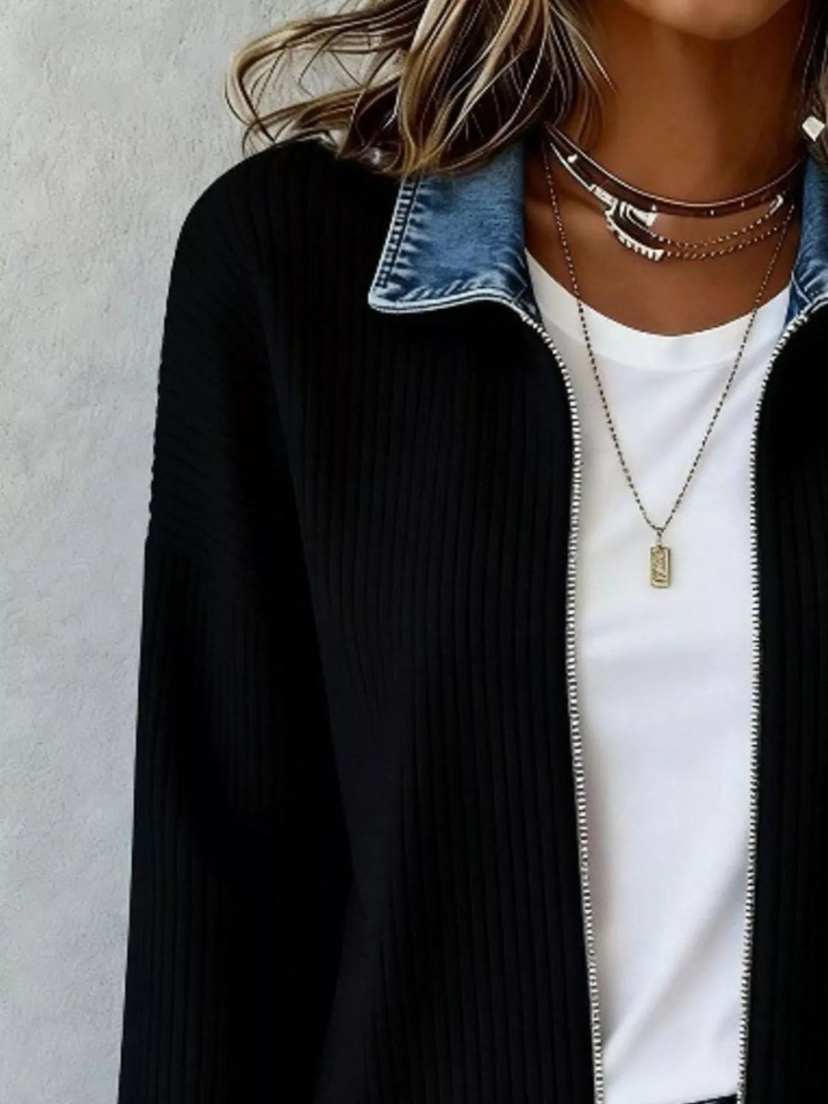 Contrast Denim Collar Ribbed Knit Jacket - Lilixa.store