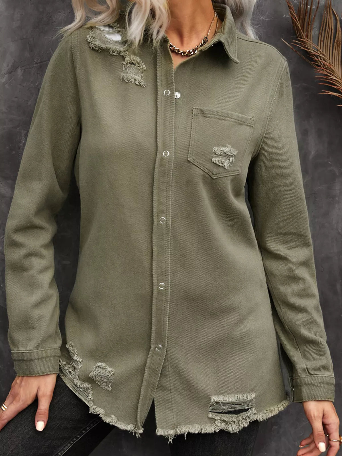 Raw Hem Distressed Denim Shirt Jacket in Army Green, view 4