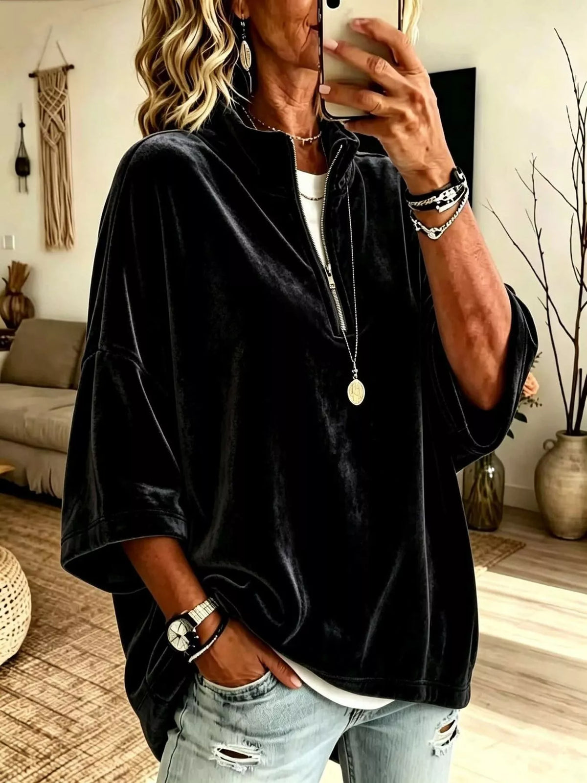 Full Size Velvet Quarter-Zip Sweatshirt Plus Size in Black