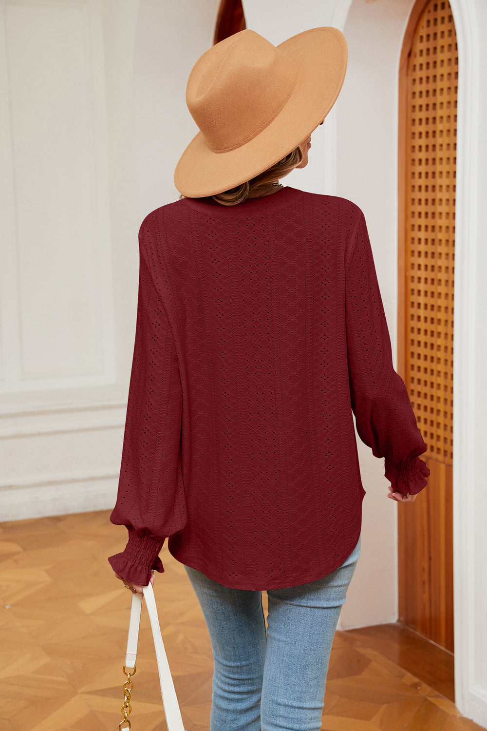 Notched Neck Flounce Sleeve Blouse, view 13
