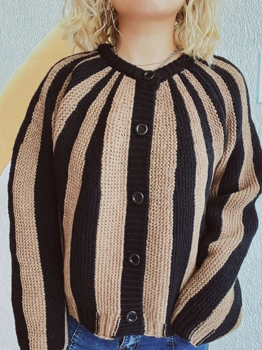 Contrast Stripes Button Down Long Sleeve Cardigan - Lilixa.store