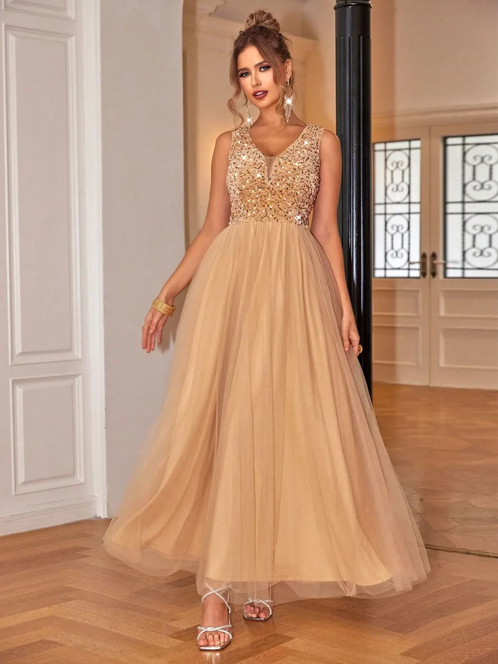 Sequin V-Neck Sleeveless Dress - Lilixa.store