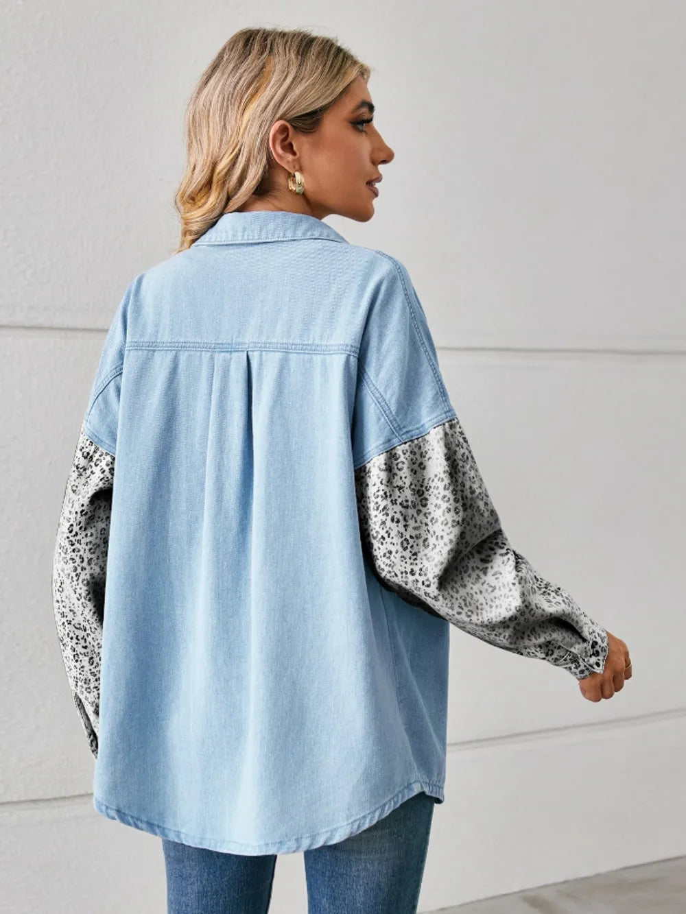 Leopard Button Up Denim Jacket, view 6