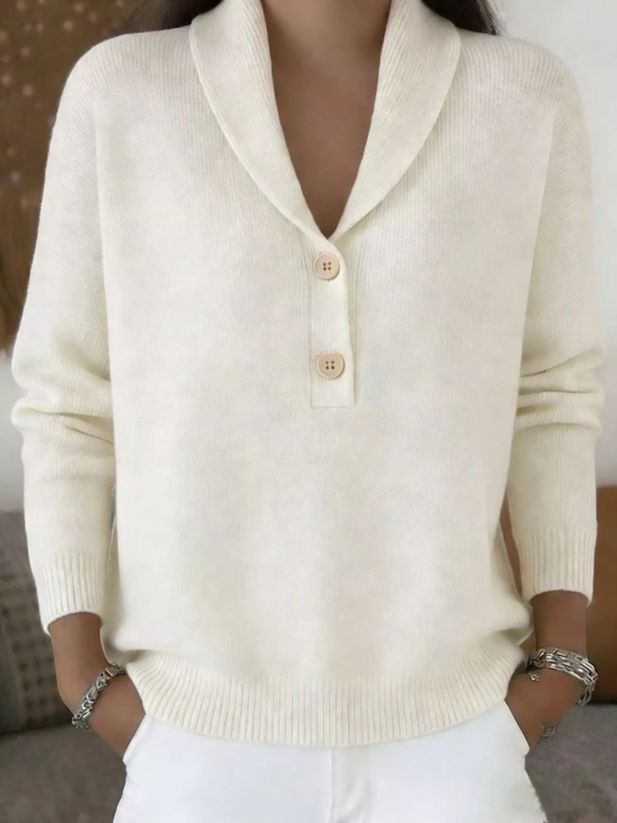 Shawl Collar Button Detail Sweater in White