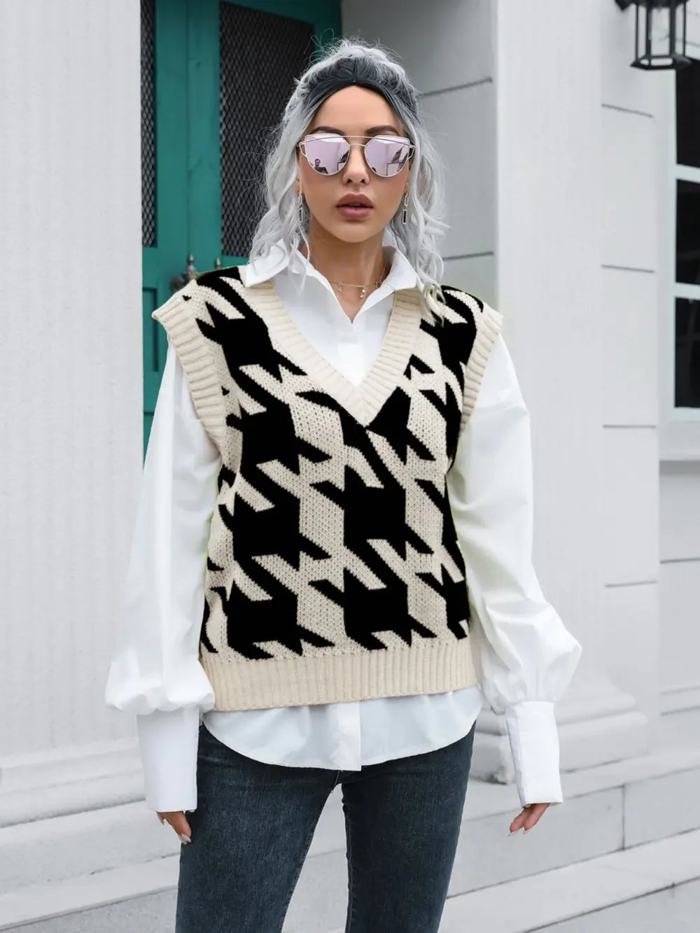Houndstooth V-Neck Sweater Vest, view 2
