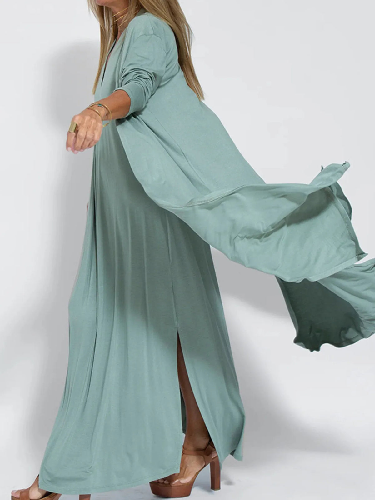 Full Size Open Front Side Slit Longline Cardigan Plus Size, view 2