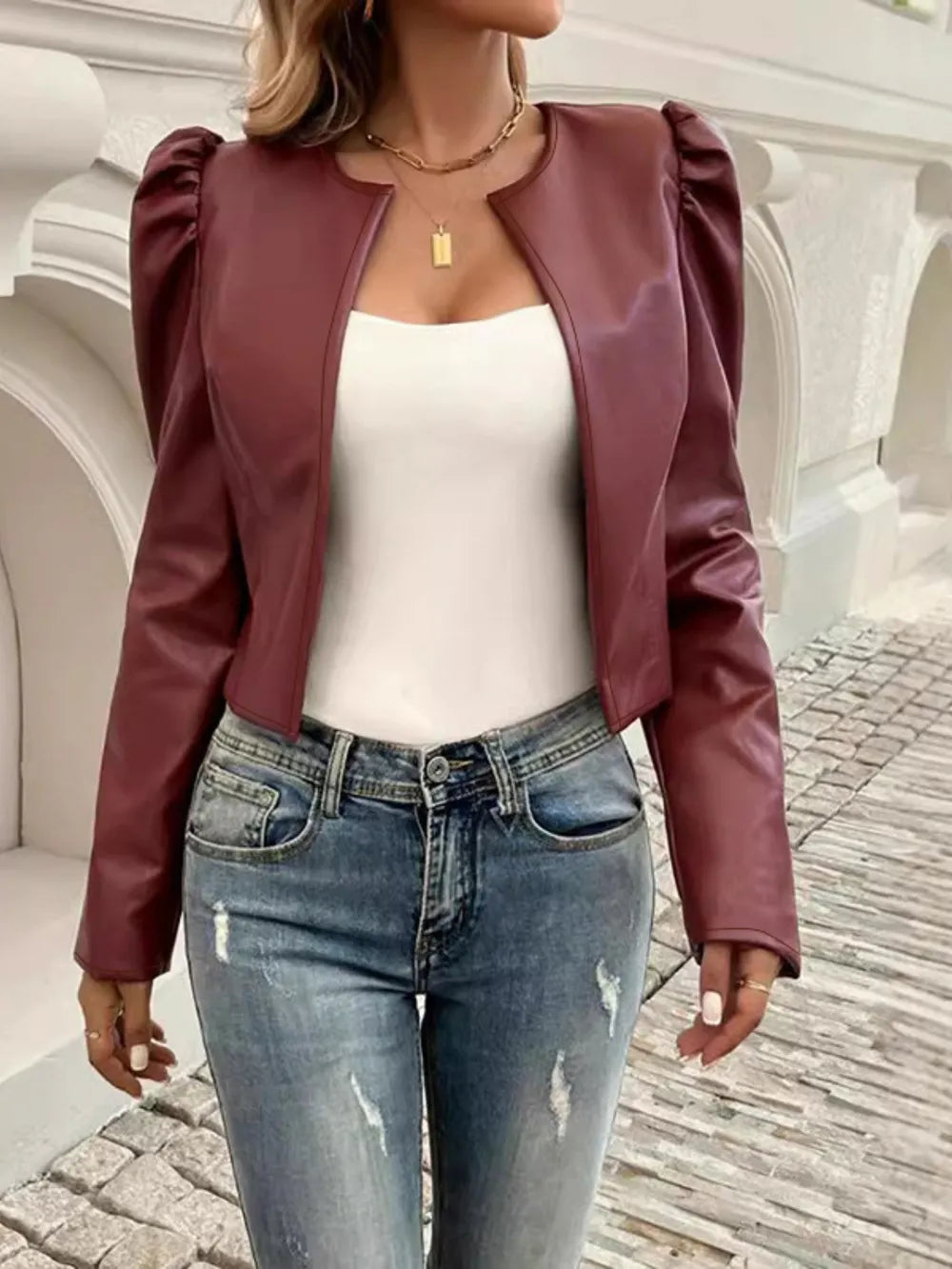 PU Leather Open Front Puff Sleeve Jacket, view 6